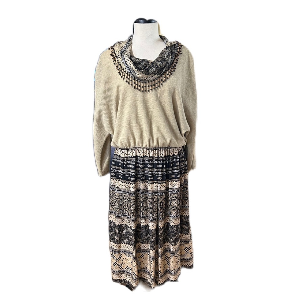Jeffrey & Dara Dress Linda Hutley VTG Fringe Cowl Neck Maxi Cottagecore Boho 22